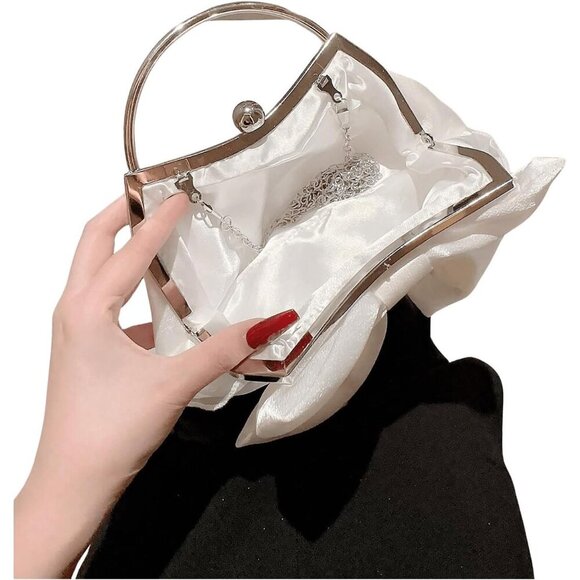 Women's White Polyester Cute Bow Decor Clutch Evening Crossbody Purse - Picture 3 of 7